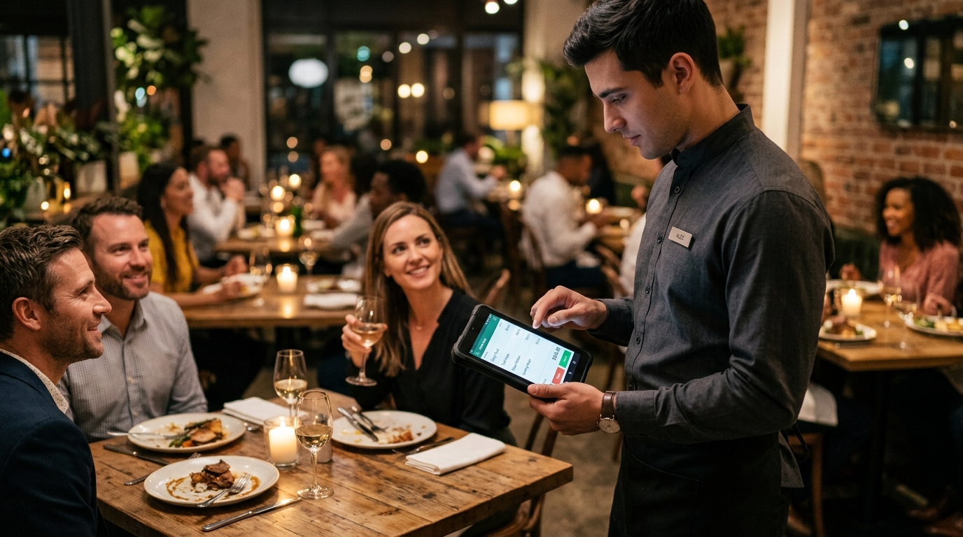 Restaurant waiter taking table order using Android Mobile POS tablet terminal