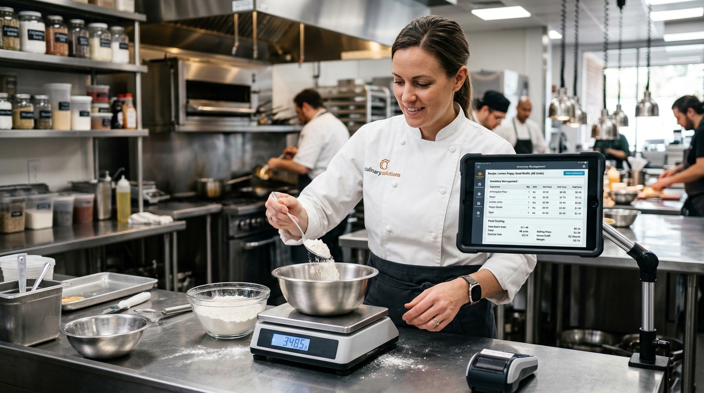 Chef monitoring recipe food costing and ingredient inventory on tablet screen
